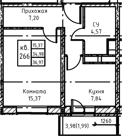 Планировка: 1-комнатная квартира 37,8 м² в ЖК «Высокий Берег»
