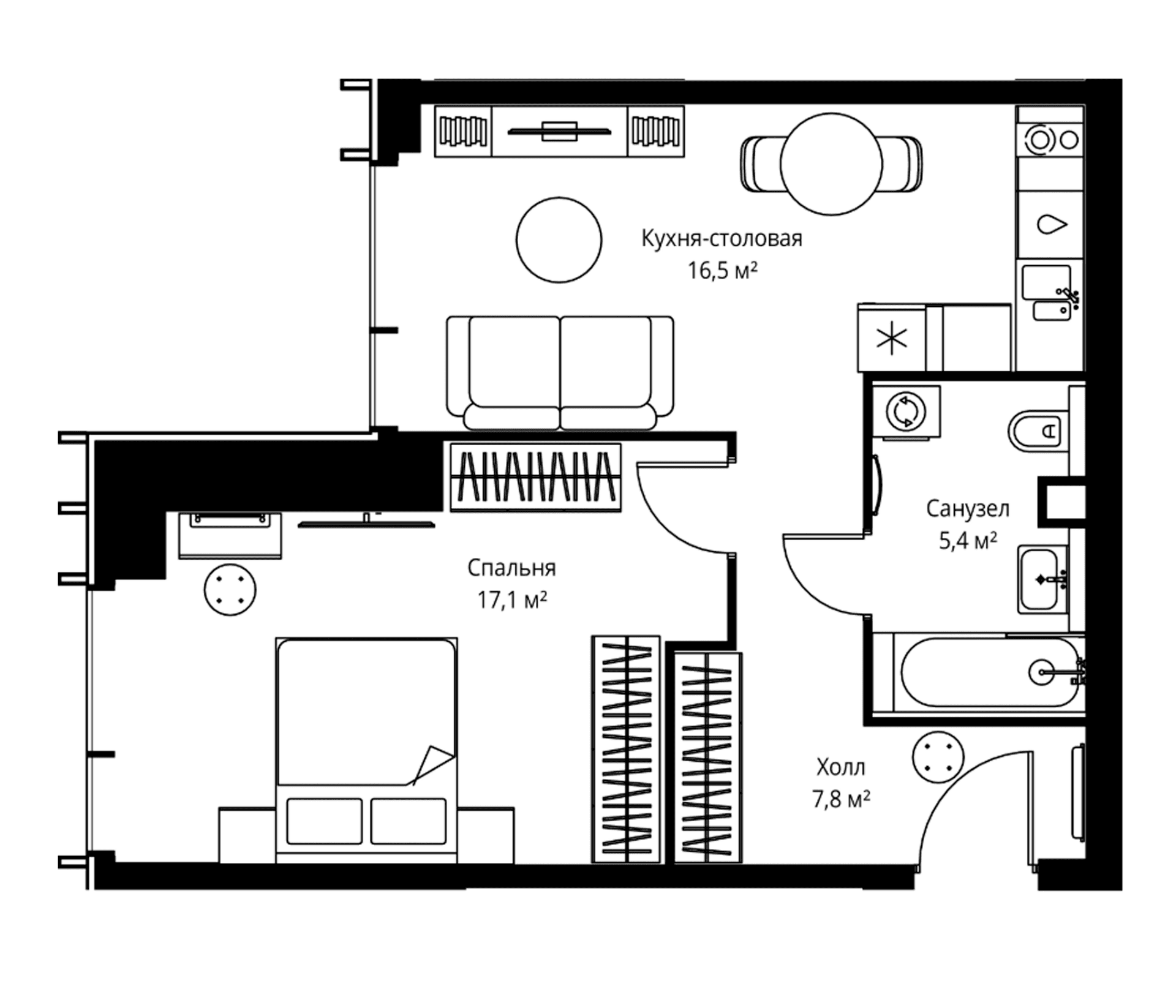 Планировка: 1-комнатная квартира 46,8 м² в ЖК «Веер»