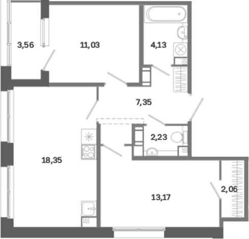 Планировка: Евротрёшка 58,3 м² в ЖК «Дом на Курской»