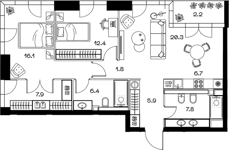 Планировка: Евротрёшка 85,7 м² в ЖК «SHIFT»
