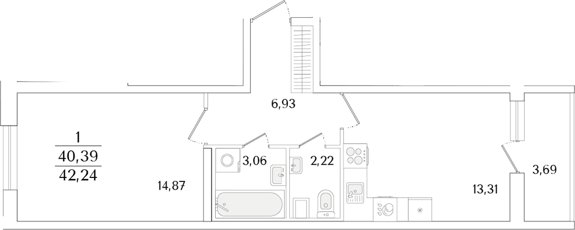 Планировка: 1-комнатная квартира 40,4 м² в ЖК «Кинопарк»