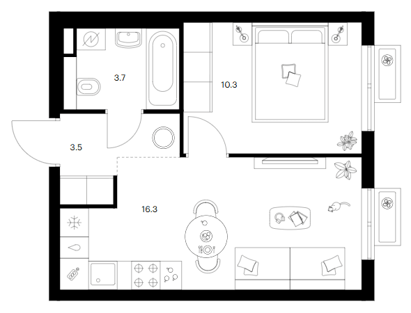 Планировка: 1-комнатная квартира 33,8 м² в ЖК «Ярославский»
