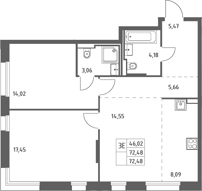 Планировка: Евротрёшка 72,5 м² в ЖК «Заречье Парк»
