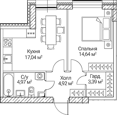 Планировка: Евродвушка 45 м² в ЖК «СЕЗАР СИТИ»