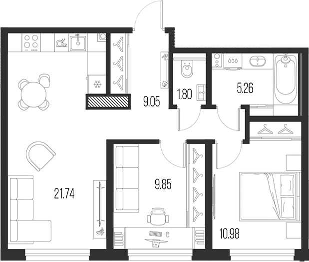Планировка: Евротрёшка 58,7 м² в ЖК «Новая земля»