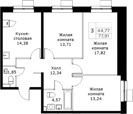 Планировка: 3-комнатная квартира 77,9 м² в ЖК «КИТ»