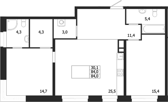 Планировка: 2-комнатная квартира 84 м² в ЖК «ЛДМ»