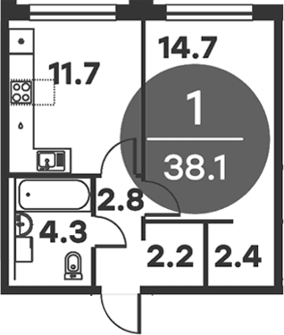 Планировка: 1-комнатная квартира 38,1 м² в ЖК «Равновесие»