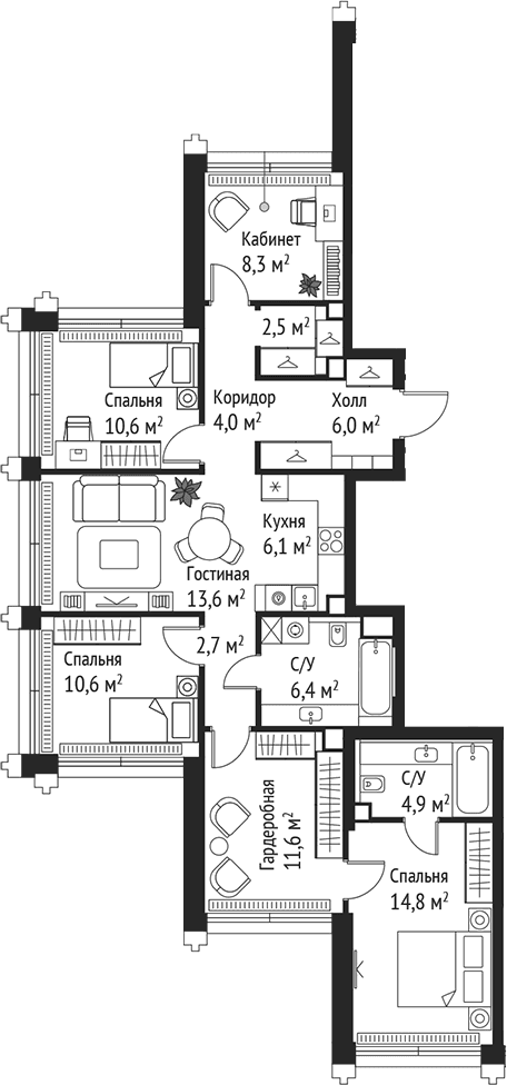 Планировка: Квартира евро-5 102,1 м² в ЖК «СЕТ»
