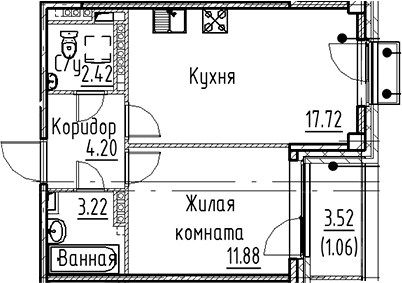 Планировка: Евродвушка 39,4 м² в ЖК «Кронфорт»