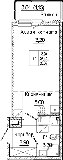 Планировка: Студия 25,4 м² в ЖК «Аквилон Янино»
