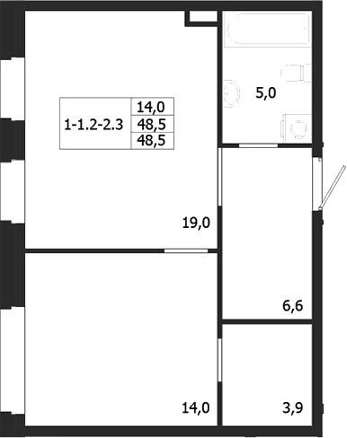 Планировка: 1-комнатная квартира 48,5 м² в ЖК «ЛДМ»