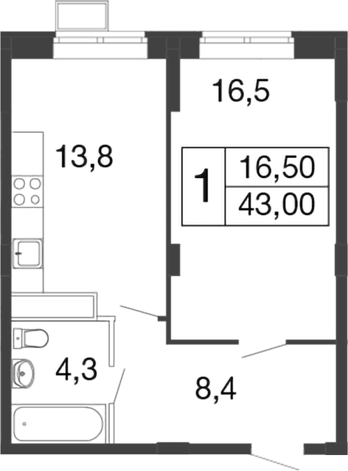 Планировка: 1-комнатная квартира 43 м² в ЖК «Времена года»
