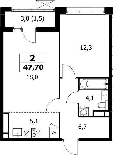 Планировка: Евродвушка 46,2 м² в ЖК «Прокшино»