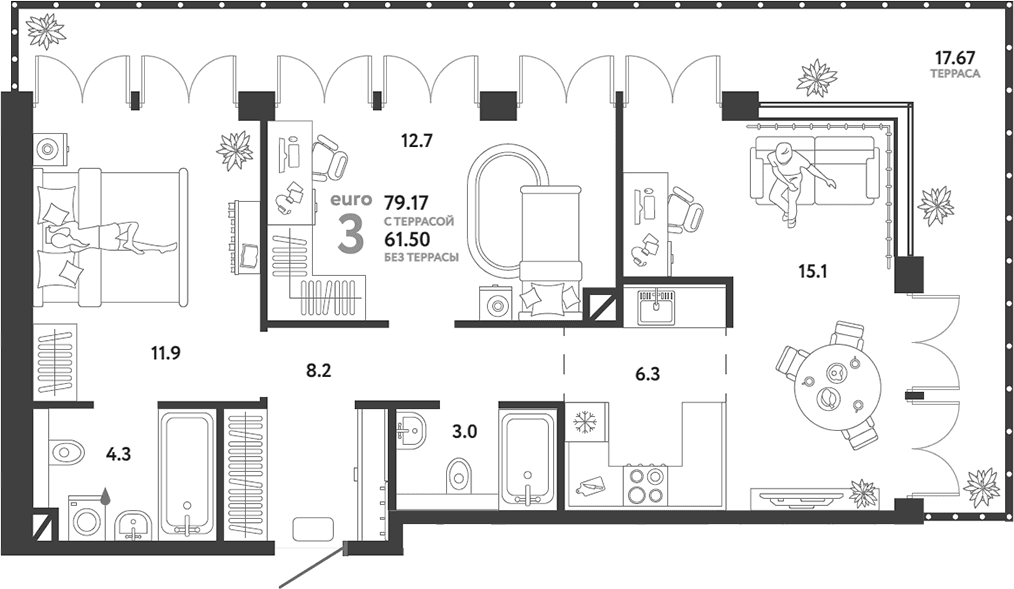 Планировка: Евротрёшка 61,5 м² в ЖК «Страна.Озерная»