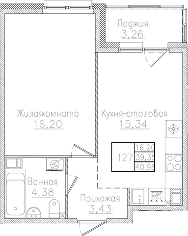 Планировка: Евродвушка 39,4 м² в ЖК «Счастье 2.0»