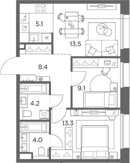 Планировка: Евротрёшка 57,6 м² в ЖК «Станиславский»