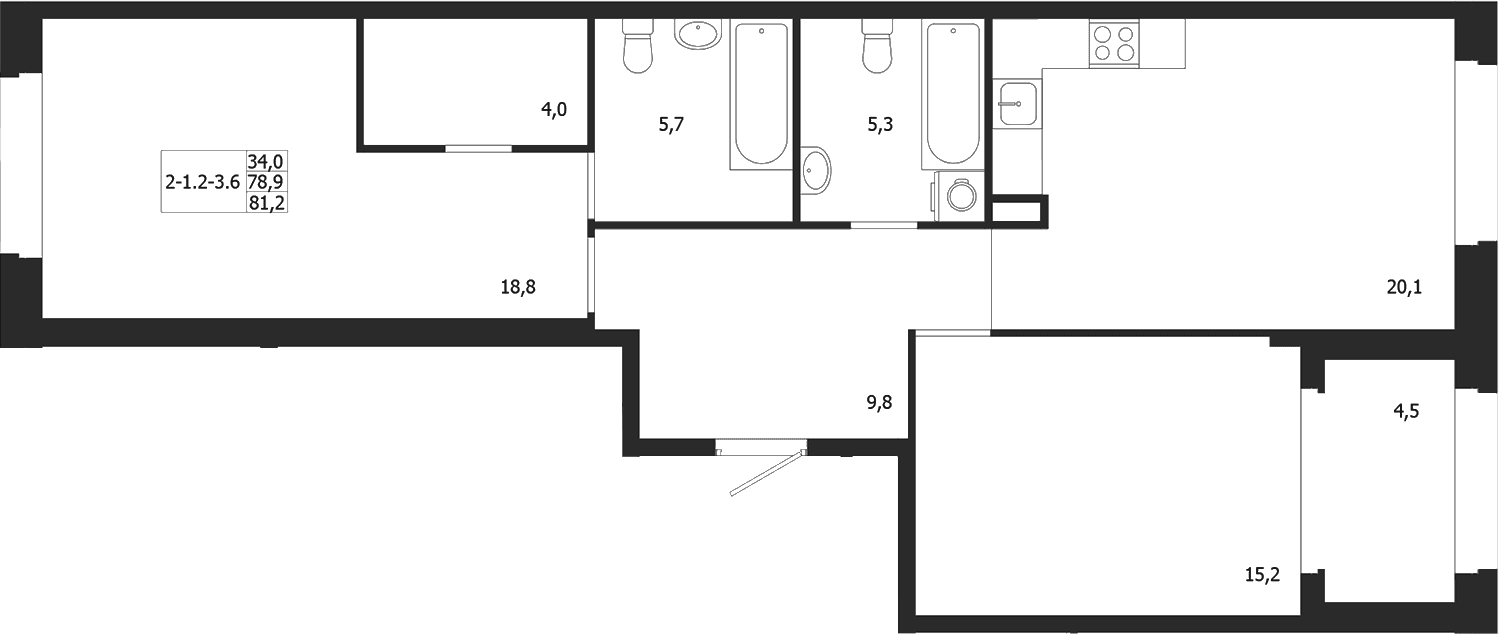 Планировка: 2-комнатная квартира 79 м² в ЖК «ЛДМ»