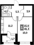 Планировка: 1-комнатная квартира 39,6 м² в ЖК «Скай Гарден»