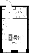 Планировка: Студия 33,7 м² в ЖК «Амбер Сити»