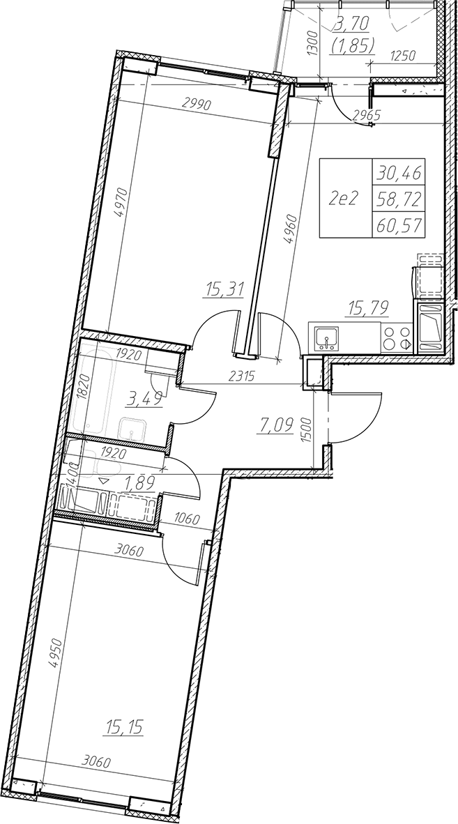 Планировка: Евротрёшка 58,7 м² в ЖК «Левитан»