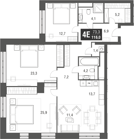 Планировка: Квартира евро-4 115,7 м² в ЖК «AFI Tower»