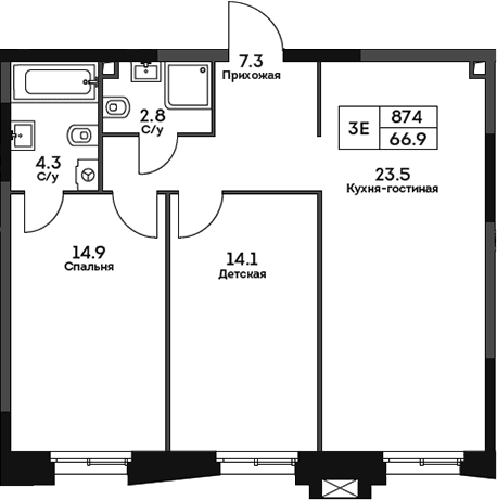 Планировка: Евротрёшка 66,9 м² в ЖК «ТВЕЛВ»