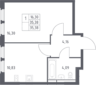 Планировка: 1-комнатная квартира 35,4 м² в ЖК «Космический Квартал»