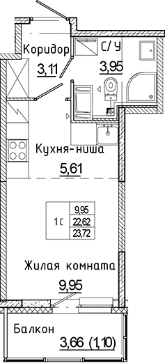 Планировка: Студия 22,6 м² в ЖК «Аквилон Янино»