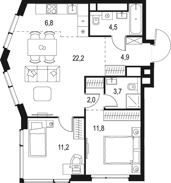 Планировка: Евротрёшка 67,1 м² в ЖК «Левел Мичуринский»