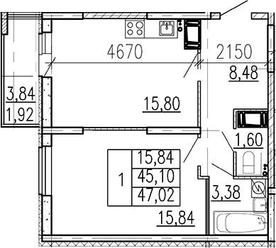 Планировка: 1-комнатная квартира 45,1 м² в ЖК «Высота. Бугры»