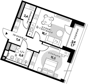 Планировка: 1-комнатная квартира 45,2 м² в ЖК «СберСити»