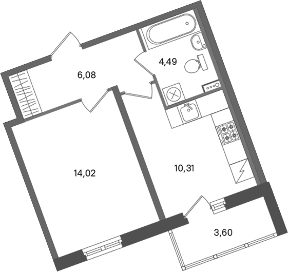 Планировка: 1-комнатная квартира 34,9 м² в ЖК «ПАТИО. Уютный квартал»