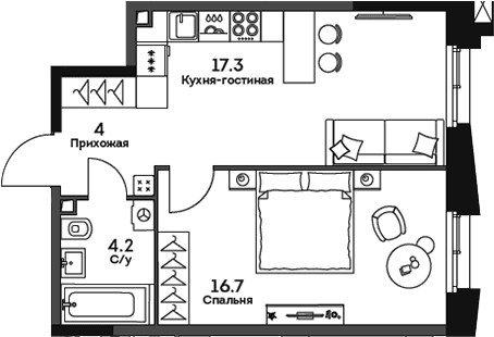Планировка: Евродвушка 42,2 м² в ЖК «ТВЕЛВ»