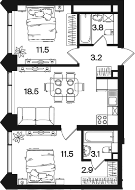 Планировка: Евротрёшка 54,5 м² в ЖК «РАКУРС»