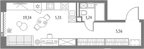 Планировка: Студия 33,5 м² в ЖК «Апсайд Тауэрс»