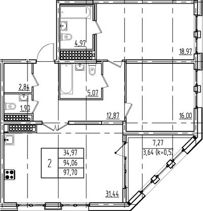 Планировка: Евротрёшка 94,1 м² в ЖК «Дефанс»