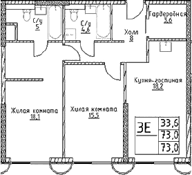 Планировка: Евротрёшка 73 м² в ЖК «Наметкин Тауэр»
