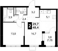 Планировка: Евродвушка 46,5 м² в ЖК «1-й Ясеневский»