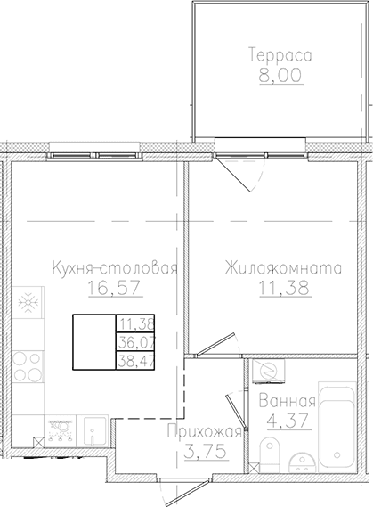 Планировка: 1-комнатная квартира 36,1 м² в ЖК «Счастье 2.0»
