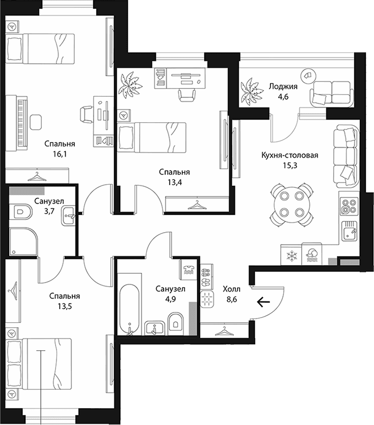 Планировка: Квартира евро-4 75,5 м² в ЖК «Экография»