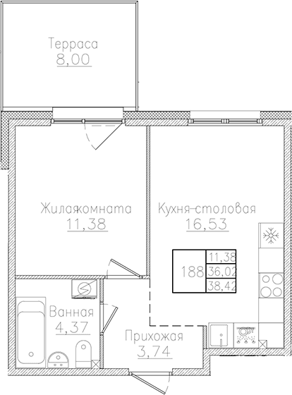 Планировка: Евродвушка 36 м² в ЖК «Счастье 2.0»