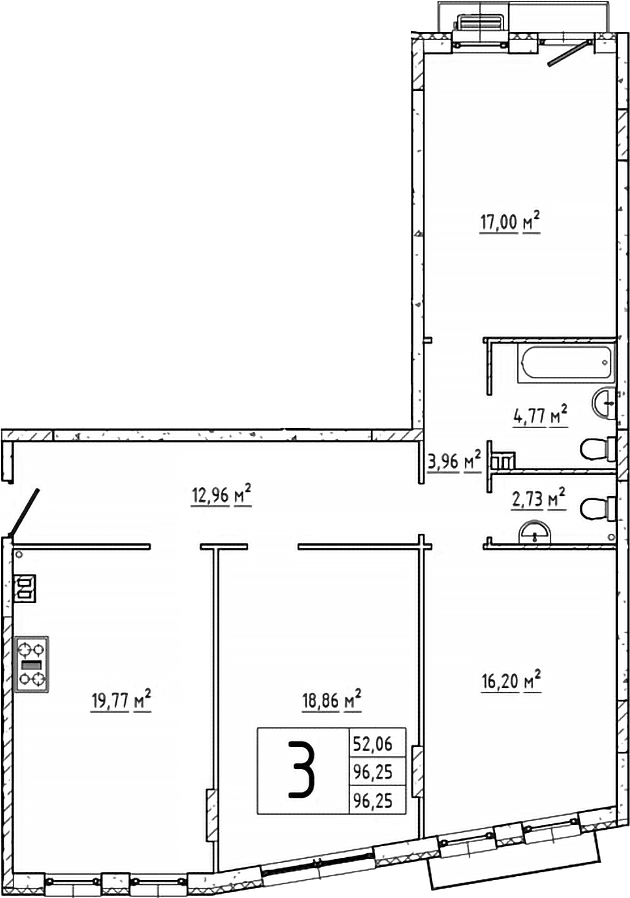 Планировка: 3-комнатная квартира 96,3 м² в ЖК «Эльйон»