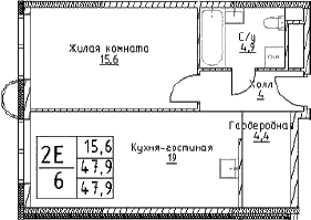 Планировка: Евродвушка 47,9 м² в ЖК «Наметкин Тауэр»