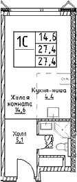 Планировка: Студия 27,4 м² в ЖК «Наметкин Тауэр»