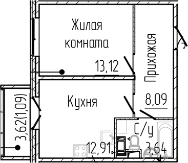 Планировка: 1-комнатная квартира 37,8 м² в ЖК «Сертолово Парк»