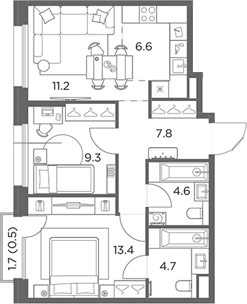 Планировка: Евротрёшка 57,6 м² в ЖК «Станиславский»