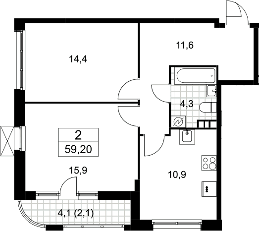 Планировка: 2-комнатная квартира 57,1 м² в ЖК «Скандинавия»