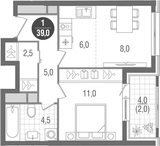 Планировка: Евродвушка 37 м² в ЖК «Кантемировский»