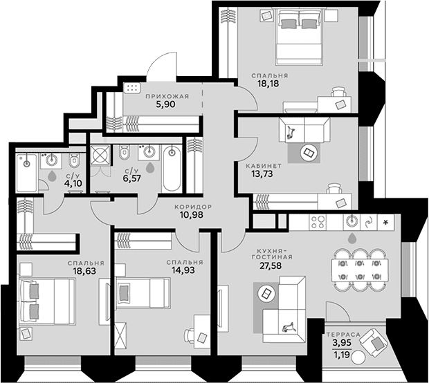 Планировка: Квартира евро-5 120,6 м² в ЖК «СберСити»
